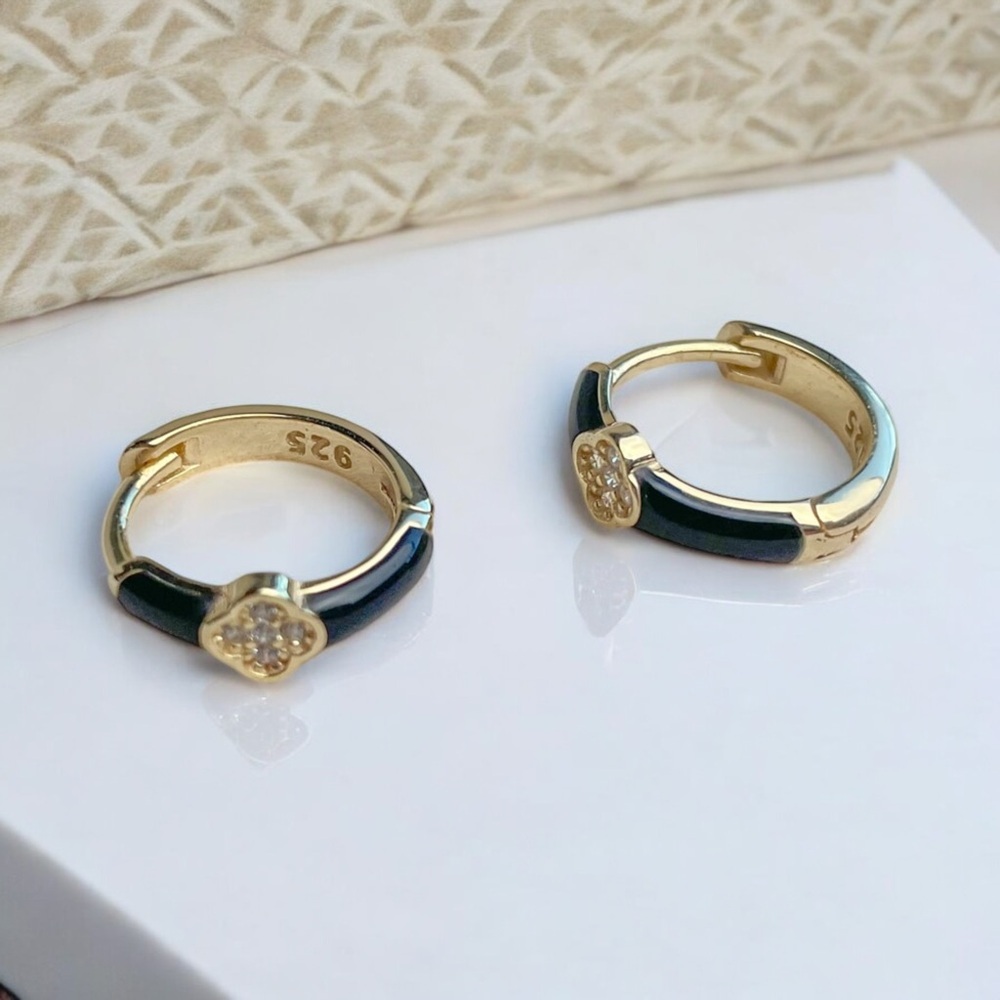 Vermeil Black Enamel Clover Earrings - Picture 3 of 7